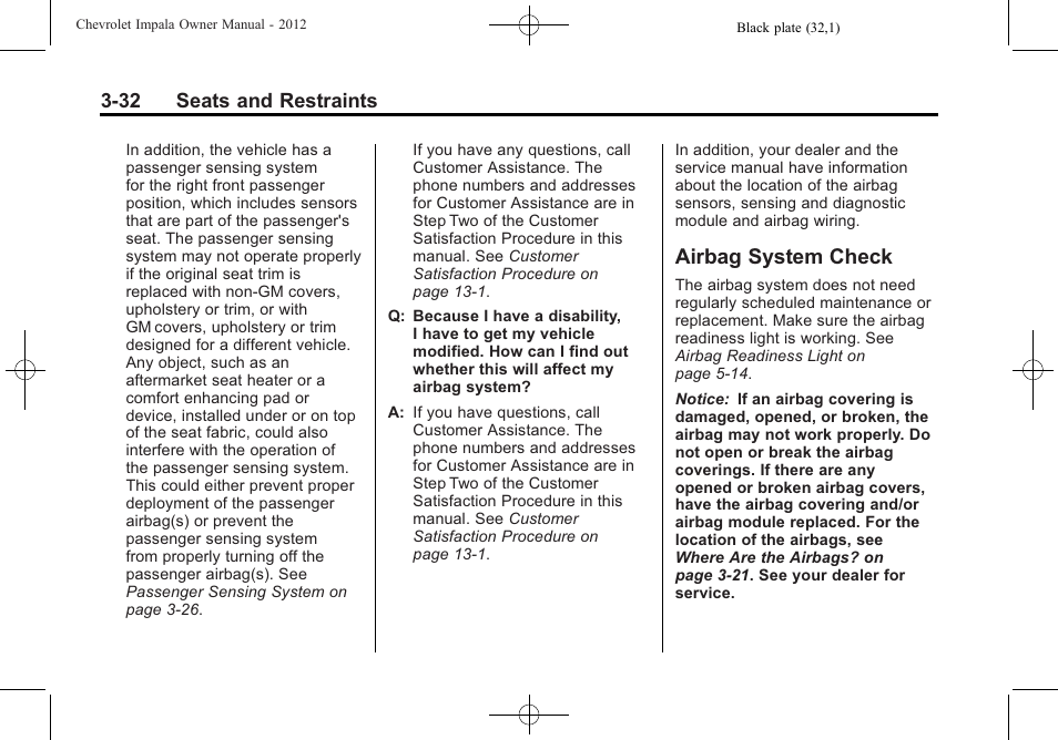 Airbag system check, Airbag system check -32 | CHEVROLET 2012 Impala User Manual | Page 76 / 360