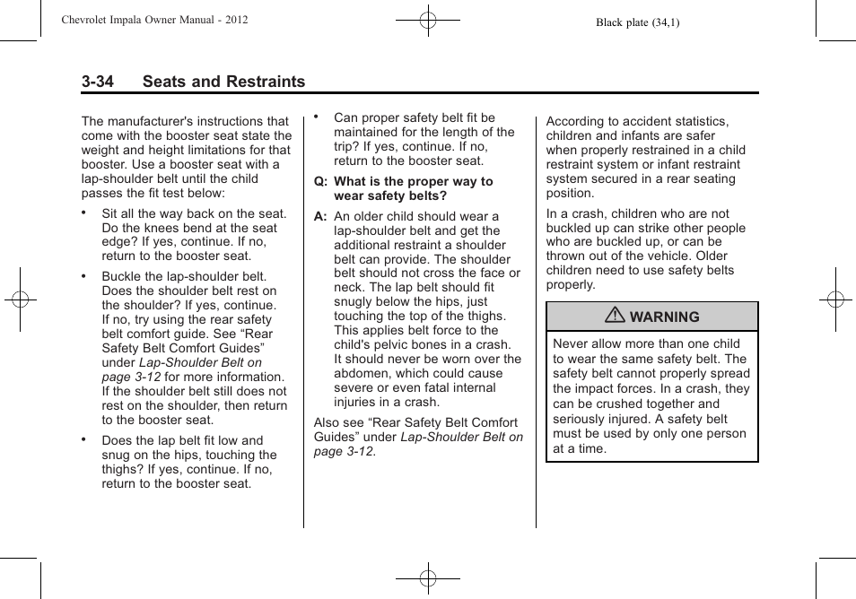 34 seats and restraints | CHEVROLET 2012 Impala User Manual | Page 78 / 360