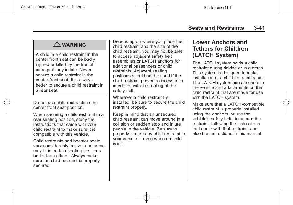 Lower anchors and tethers, For children (latch system) -41 | CHEVROLET 2012 Impala User Manual | Page 85 / 360