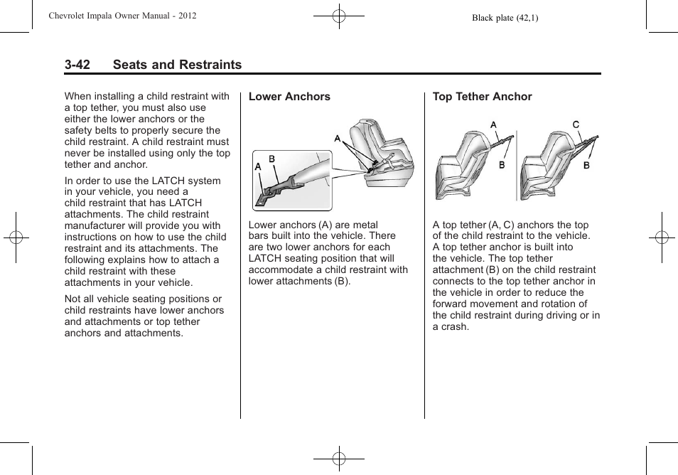 42 seats and restraints | CHEVROLET 2012 Impala User Manual | Page 86 / 360