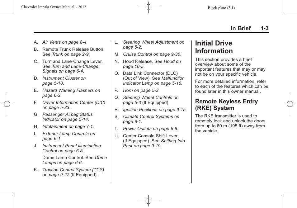 Initial drive information, Remote keyless entry (rke) system, Initial drive information -3 | Additional storage features -2, Air vents, System -3 | CHEVROLET 2012 Impala User Manual | Page 9 / 360