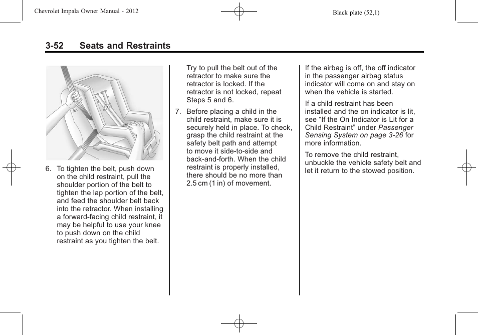 52 seats and restraints | CHEVROLET 2012 Impala User Manual | Page 96 / 360