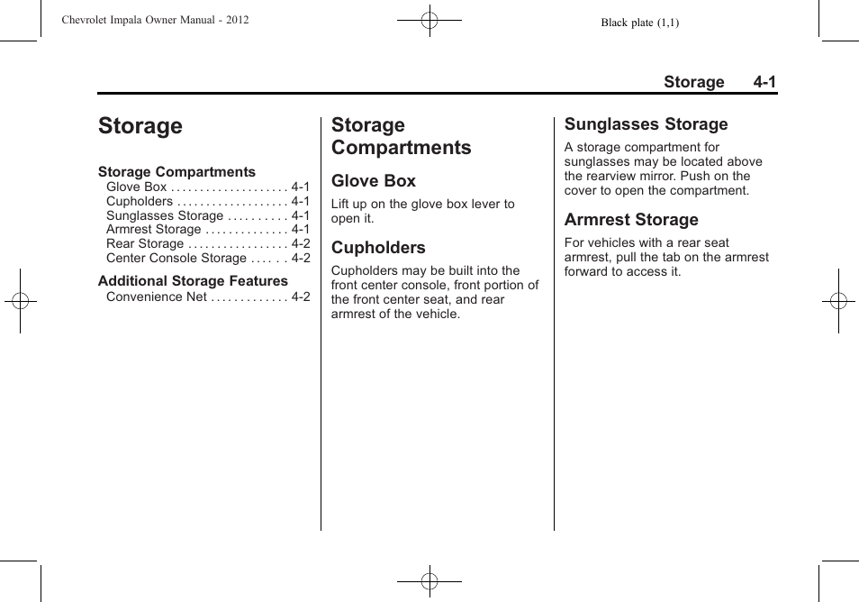 Storage, Storage compartments, Glove box | Cupholders, Sunglasses storage, Armrest storage, Storage -1, Storage compartments -1, Climate control | CHEVROLET 2012 Impala User Manual | Page 97 / 360