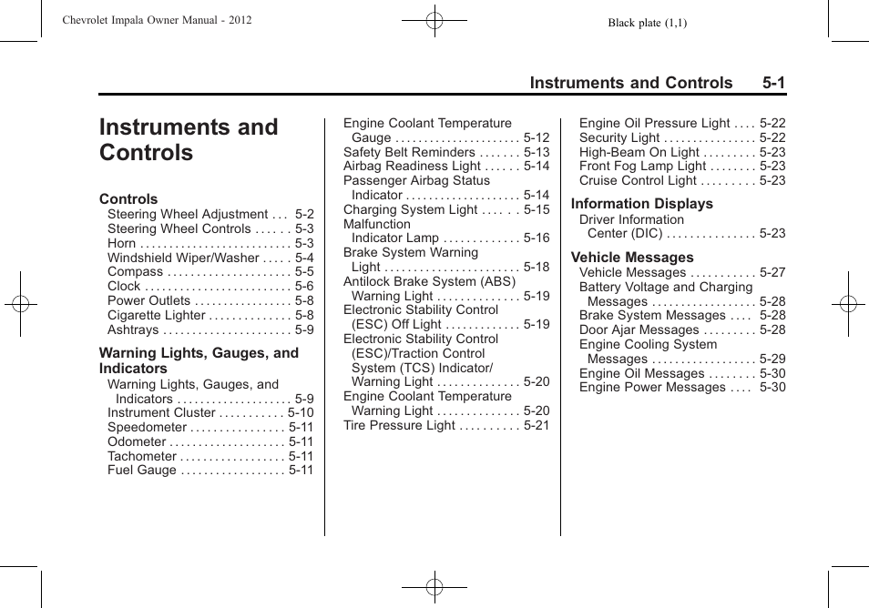 Instruments and controls, Instruments and controls -1, Instruments and controls 5-1 | CHEVROLET 2012 Impala User Manual | Page 99 / 360