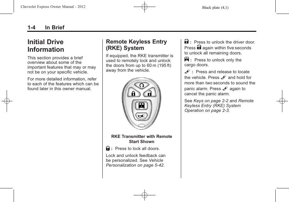 Initial drive information, Remote keyless entry (rke) system, Initial drive information -4 | Front seats -2, Interior lighting, System -4 | CHEVROLET 2012 Express User Manual | Page 10 / 430