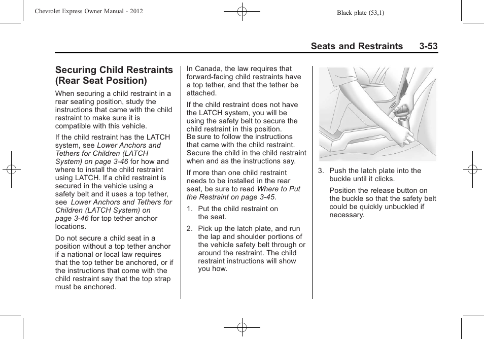 Securing child restraints (rear seat position), Securing child restraints, Rear seat position) -53 | Seats and restraints 3-53 | CHEVROLET 2012 Express User Manual | Page 101 / 430