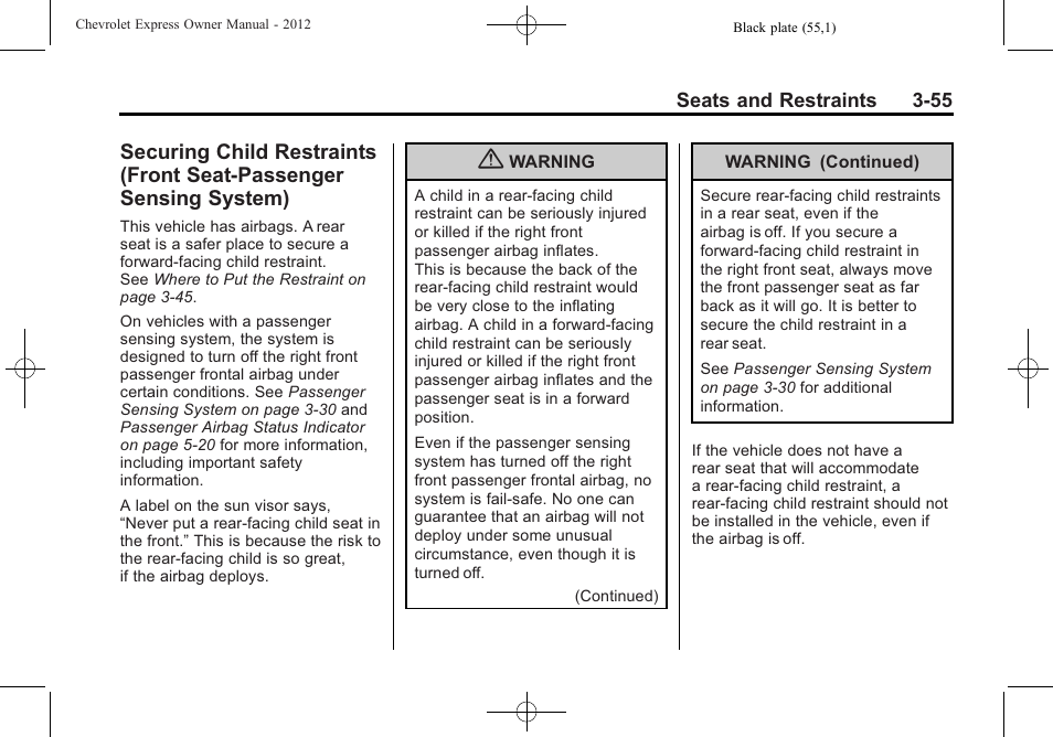 Securing child restraints, Front seat-passenger sensing system) -55 | CHEVROLET 2012 Express User Manual | Page 103 / 430