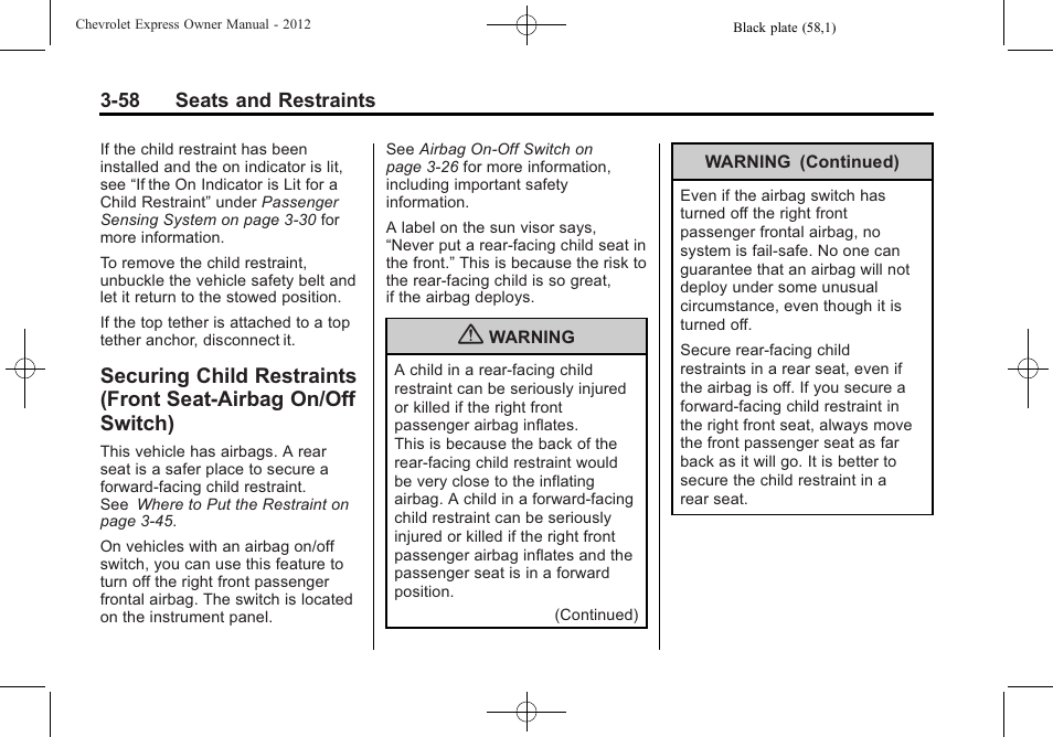 Securing child restraints, Front seat-airbag on/off switch) -58, Securing child | CHEVROLET 2012 Express User Manual | Page 106 / 430