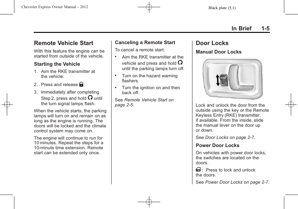 Remote vehicle start, Door locks, Remote vehicle start -5 door locks -5 | CHEVROLET 2012 Express User Manual | Page 11 / 430