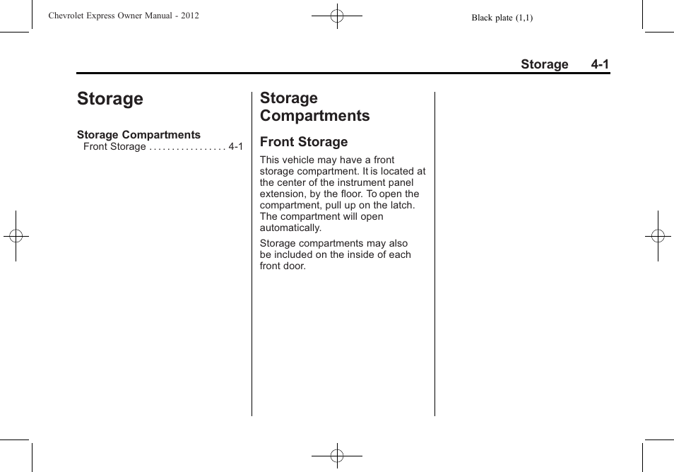 Storage, Storage compartments, Front storage | Storage -1, Phone | CHEVROLET 2012 Express User Manual | Page 111 / 430