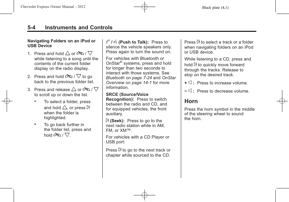 Horn, Horn -4 | CHEVROLET 2012 Express User Manual | Page 116 / 430