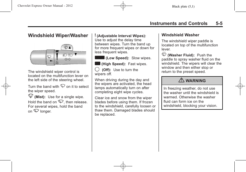 Windshield wiper/washer, Windshield wiper/washer -5 | CHEVROLET 2012 Express User Manual | Page 117 / 430