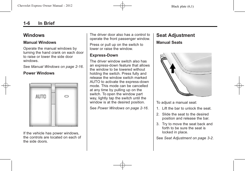 Windows, Seat adjustment, Windows -6 seat adjustment -6 | Engine, Fuel | CHEVROLET 2012 Express User Manual | Page 12 / 430