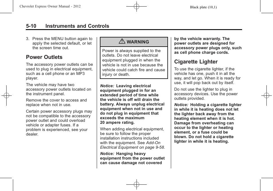 Power outlets, Cigarette lighter, Power outlets -10 cigarette lighter -10 | CHEVROLET 2012 Express User Manual | Page 122 / 430