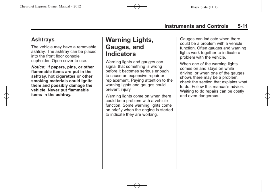 Ashtrays, Warning lights, gauges, and indicators, Warning lights, gauges, and | Indicators -11, Ashtrays -11 | CHEVROLET 2012 Express User Manual | Page 123 / 430