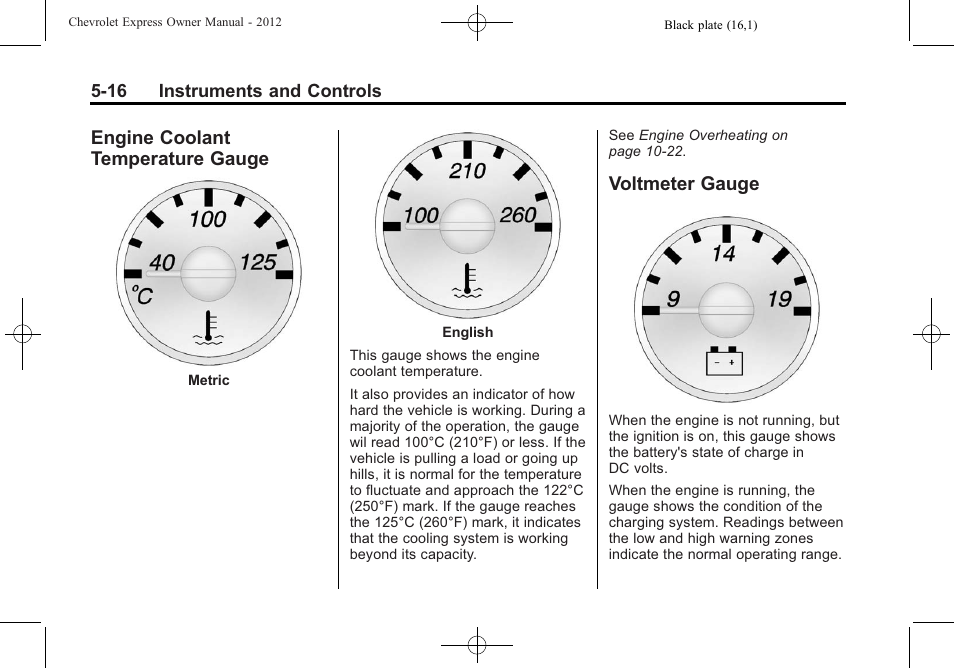 Engine coolant temperature gauge, Voltmeter gauge, Engine coolant temperature | Gauge -16, Voltmeter gauge -16 | CHEVROLET 2012 Express User Manual | Page 128 / 430