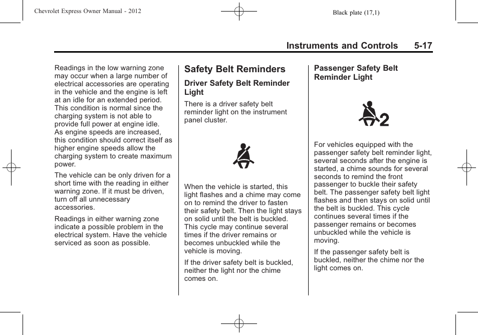 Safety belt reminders, Safety belt reminders -17 | CHEVROLET 2012 Express User Manual | Page 129 / 430