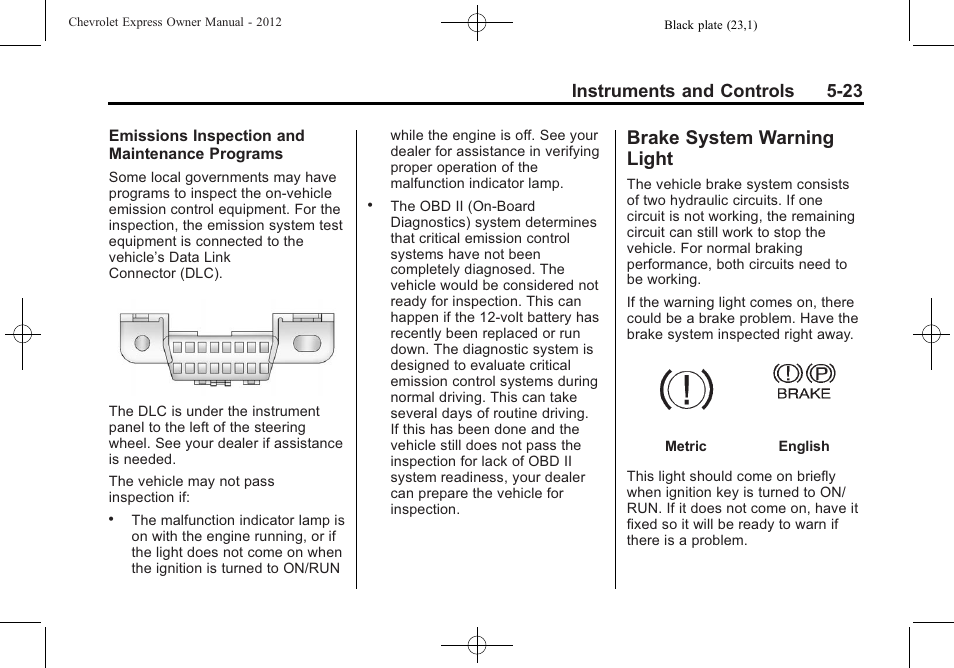 Brake system warning light, Brake system warning, Light -23 | Instruments and controls 5-23 | CHEVROLET 2012 Express User Manual | Page 135 / 430