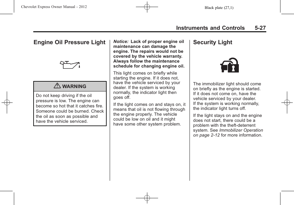 Engine oil pressure light, Security light, Engine oil pressure light -27 security light -27 | CHEVROLET 2012 Express User Manual | Page 139 / 430
