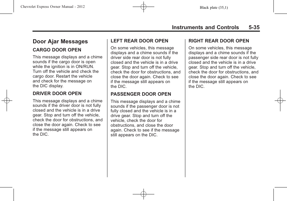 Door ajar messages, Door ajar messages -35 | CHEVROLET 2012 Express User Manual | Page 147 / 430