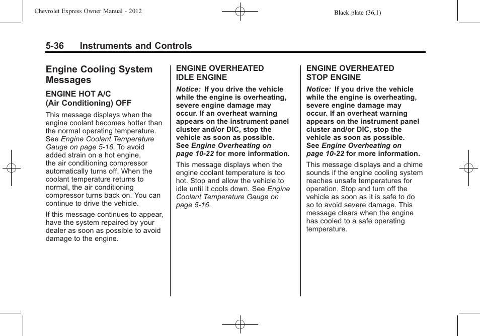 Engine cooling system messages, Engine cooling system, Messages -36 | CHEVROLET 2012 Express User Manual | Page 148 / 430