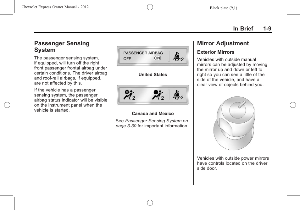 Passenger sensing system, Mirror adjustment, Passenger sensing system -9 mirror adjustment -9 | CHEVROLET 2012 Express User Manual | Page 15 / 430