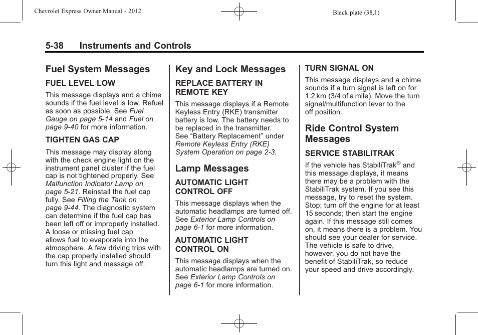 Fuel system messages, Key and lock messages, Lamp messages | Ride control system messages, Messages -38 | CHEVROLET 2012 Express User Manual | Page 150 / 430