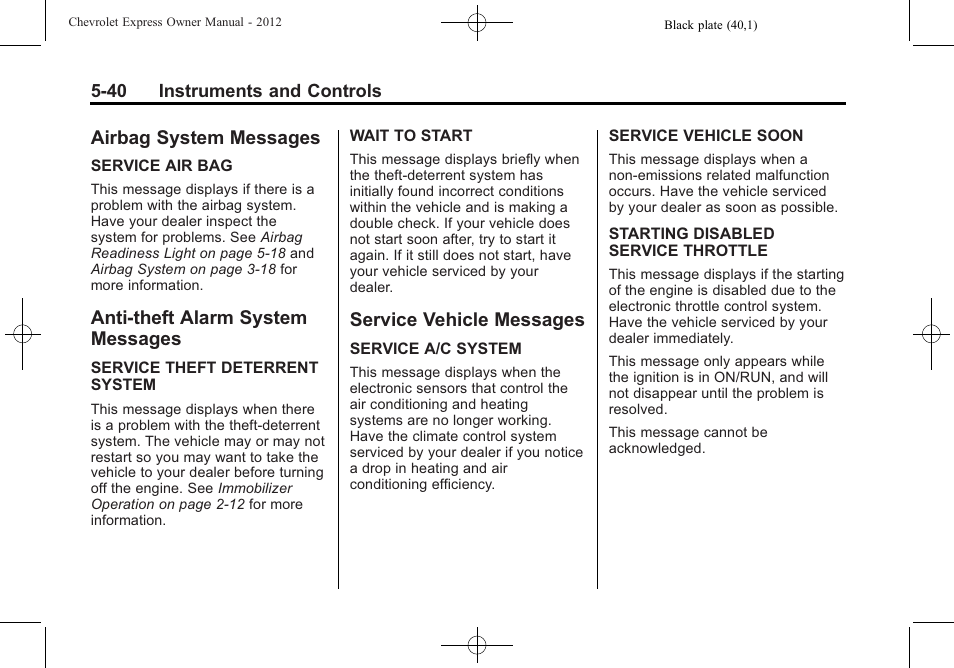 Airbag system messages, Anti-theft alarm system messages, Service vehicle messages | Airbag system messages -40 anti-theft alarm system, Messages -40, Service vehicle messages -40 | CHEVROLET 2012 Express User Manual | Page 152 / 430