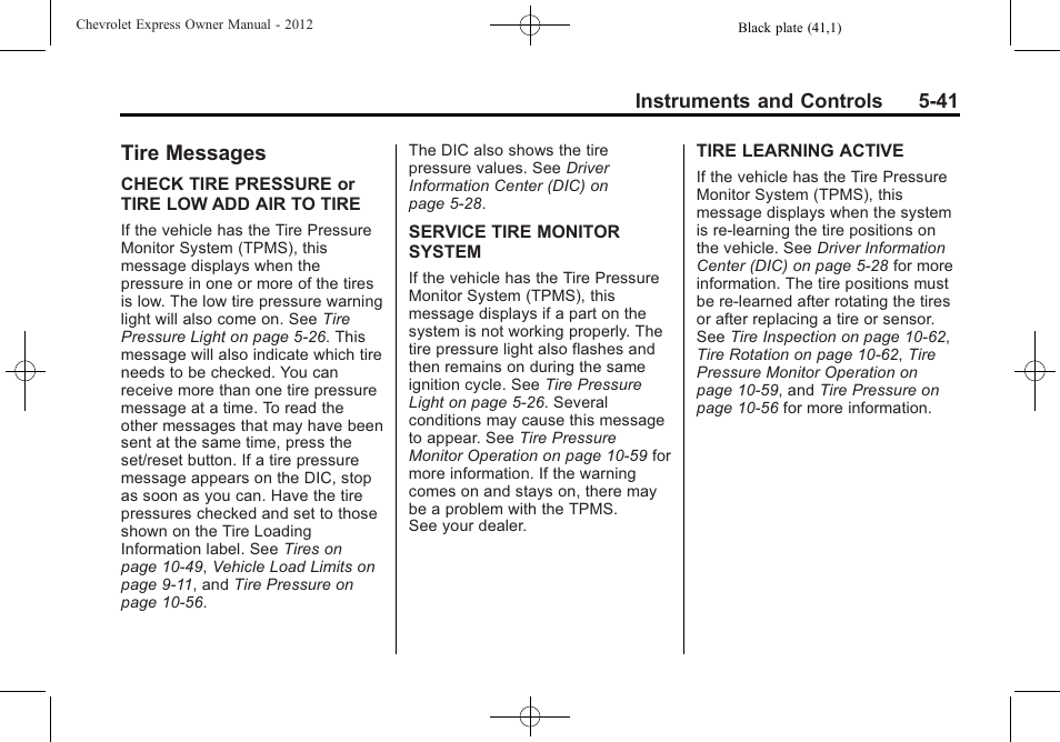 Tire messages, Tire messages -41 | CHEVROLET 2012 Express User Manual | Page 153 / 430