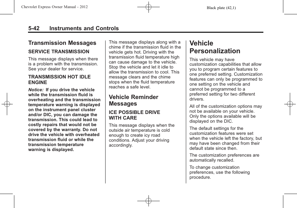 Transmission messages, Vehicle reminder messages, Vehicle personalization | Vehicle personalization -42, Transmission messages -42 vehicle reminder, Messages -42 | CHEVROLET 2012 Express User Manual | Page 154 / 430