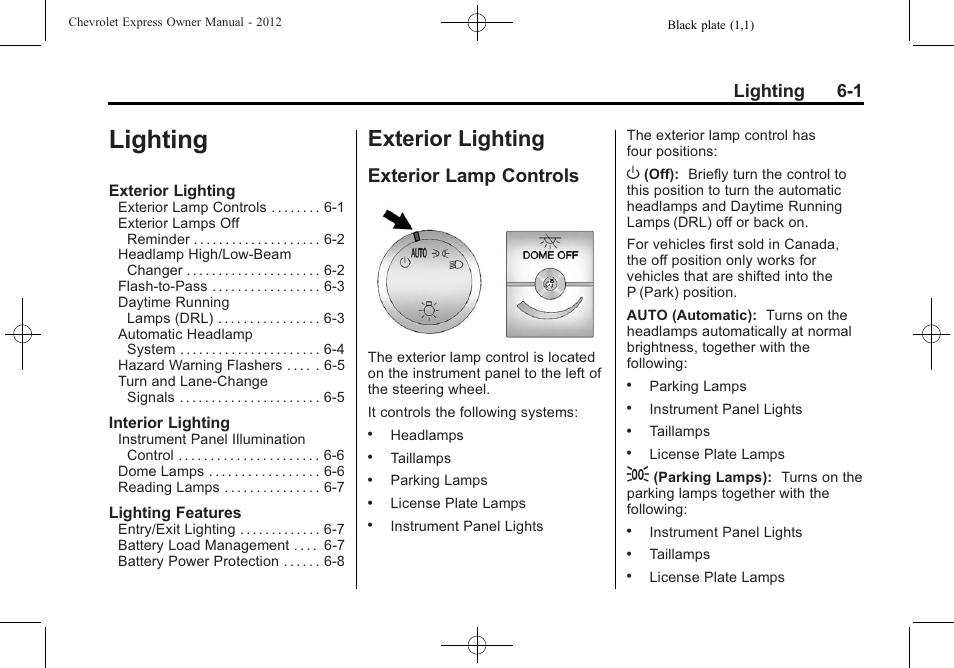 Lighting, Exterior lighting, Exterior lamp controls | Lighting -1, Exterior lighting -1, Lighting 6-1 | CHEVROLET 2012 Express User Manual | Page 161 / 430