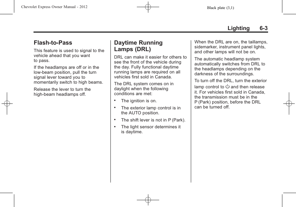 Flash-to-pass, Daytime running lamps (drl), Flash-to-pass -3 daytime running | Lamps (drl) -3, Lighting 6-3 | CHEVROLET 2012 Express User Manual | Page 163 / 430