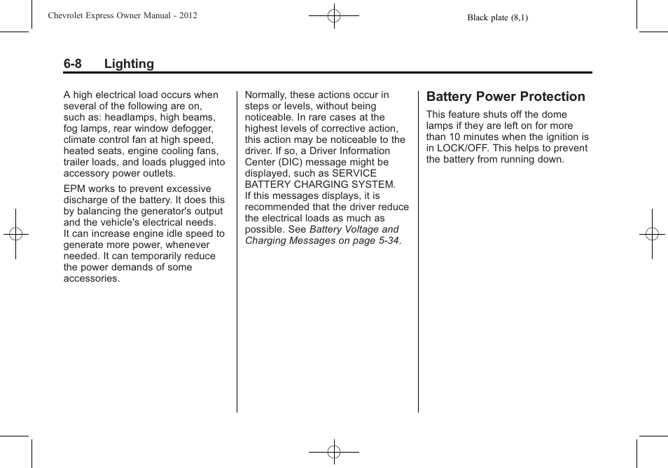 Battery power protection, Battery power protection -8 | CHEVROLET 2012 Express User Manual | Page 168 / 430