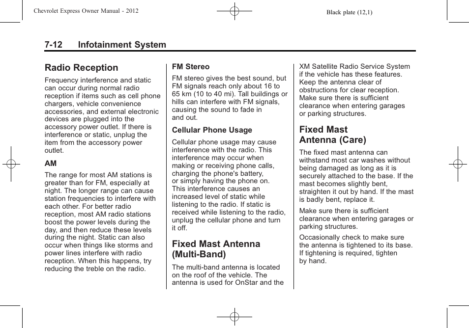 Radio reception, Fixed mast antenna (multi-band), Fixed mast antenna (care) | Radio reception -12 fixed mast antenna, Multi-band) -12, Fixed mast, Antenna (care) -12 | CHEVROLET 2012 Express User Manual | Page 180 / 430