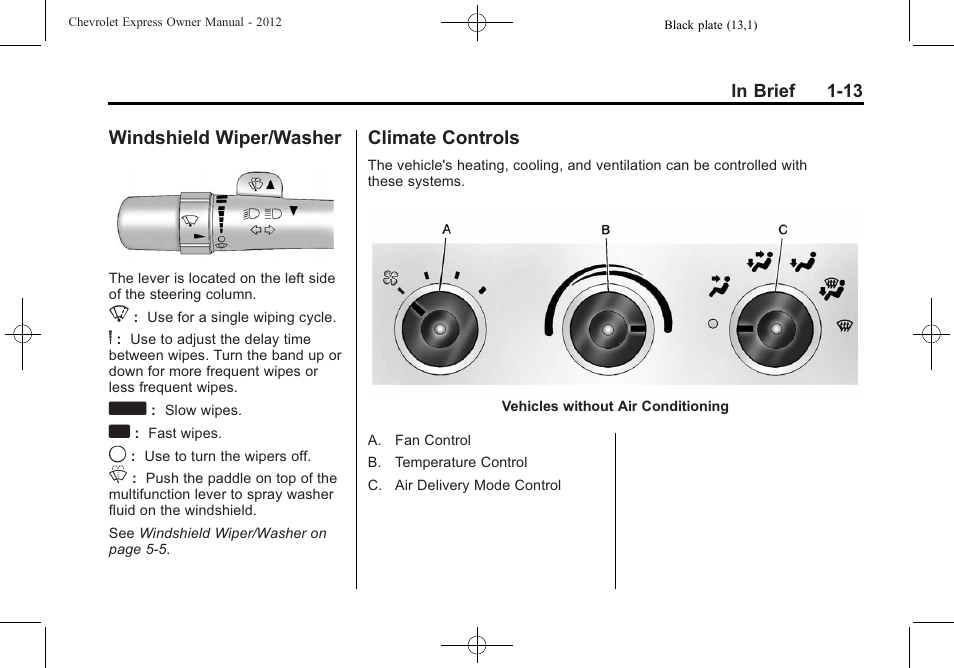 Windshield wiper/washer, Climate controls, Windshield wiper/washer -13 climate controls -13 | CHEVROLET 2012 Express User Manual | Page 19 / 430