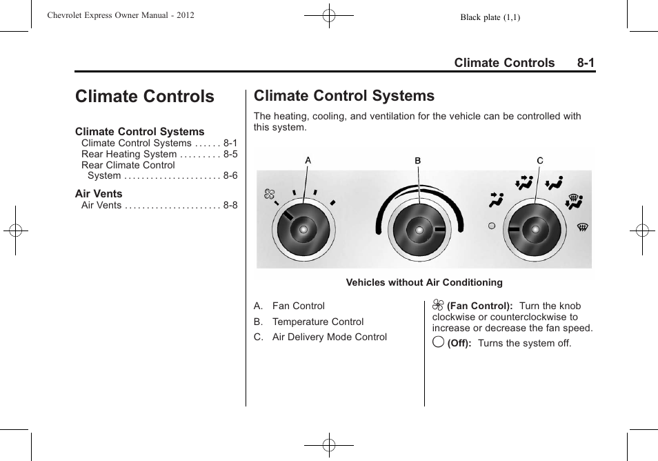 Climate controls, Climate control systems, Climate controls -1 | Climate control systems on | CHEVROLET 2012 Express User Manual | Page 199 / 430