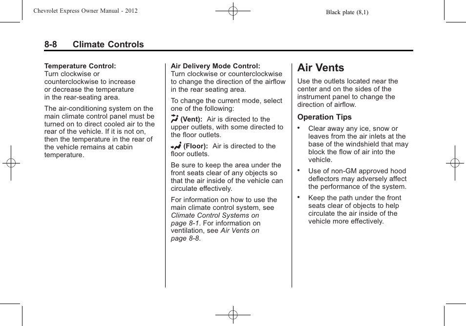 Air vents, Air vents -8, 8 climate controls | CHEVROLET 2012 Express User Manual | Page 206 / 430