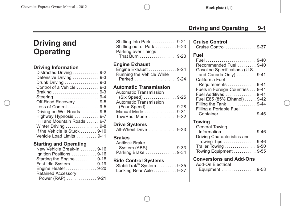 Driving and operating, Driving and operating -1, Driving and operating 9-1 | CHEVROLET 2012 Express User Manual | Page 207 / 430