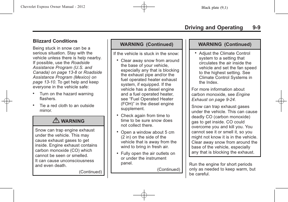 Driving and operating 9-9 | CHEVROLET 2012 Express User Manual | Page 215 / 430