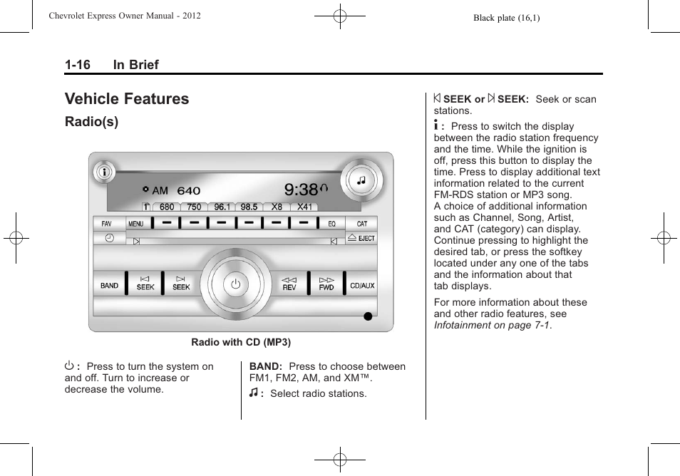 Vehicle features, Radio(s), Vehicle features -16 | Rear seats, Radio(s) -16 | CHEVROLET 2012 Express User Manual | Page 22 / 430