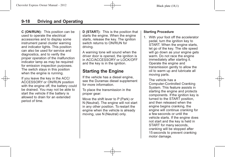 Starting the engine, Starting the engine -18 | CHEVROLET 2012 Express User Manual | Page 224 / 430