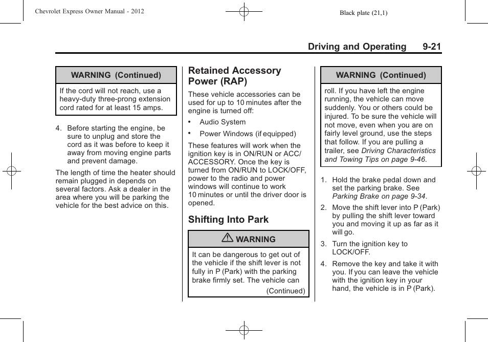 Retained accessory power (rap), Shifting into park, Retained accessory | Power (rap) -21, Shifting into park -21, Cruise | CHEVROLET 2012 Express User Manual | Page 227 / 430