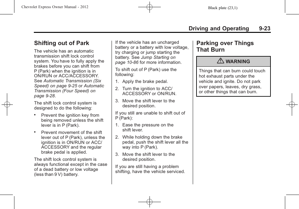 Shifting out of park, Parking over things that burn, Shifting out of park -23 parking over things | That burn -23, Driving and operating 9-23 | CHEVROLET 2012 Express User Manual | Page 229 / 430