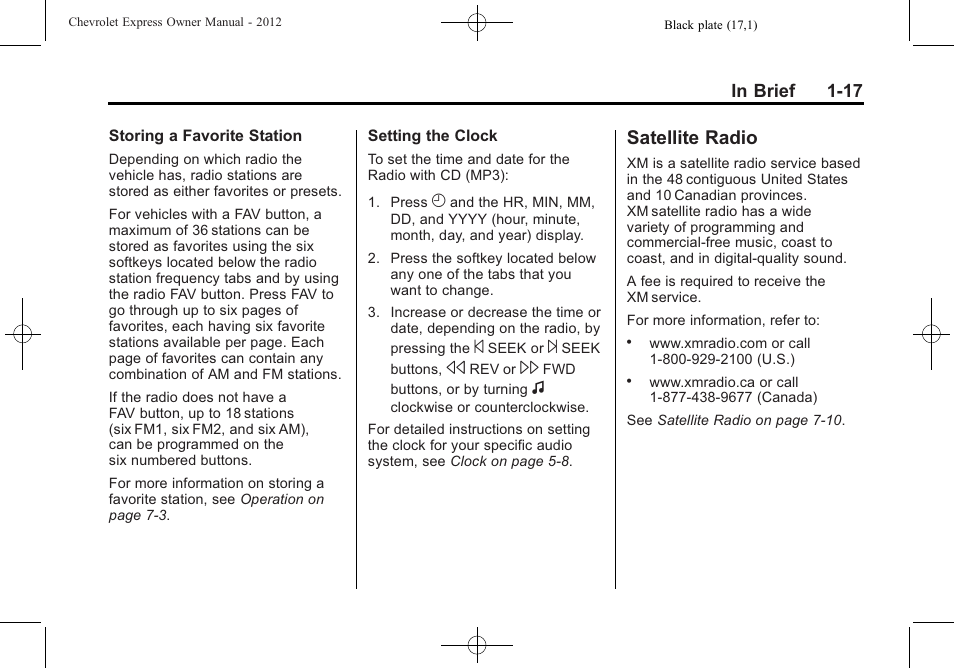 Satellite radio, Satellite radio -17 | CHEVROLET 2012 Express User Manual | Page 23 / 430
