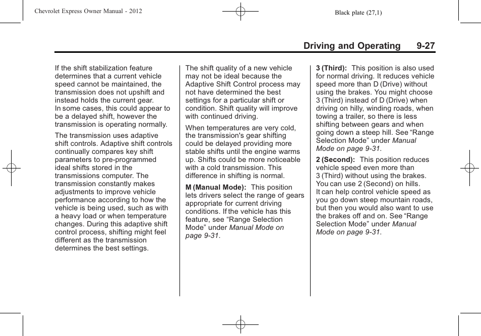 Driving and operating 9-27 | CHEVROLET 2012 Express User Manual | Page 233 / 430