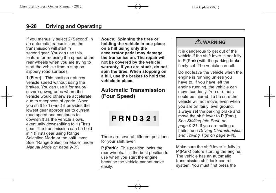 Automatic transmission (four speed), Automatic transmission, Four speed) -28 | CHEVROLET 2012 Express User Manual | Page 234 / 430