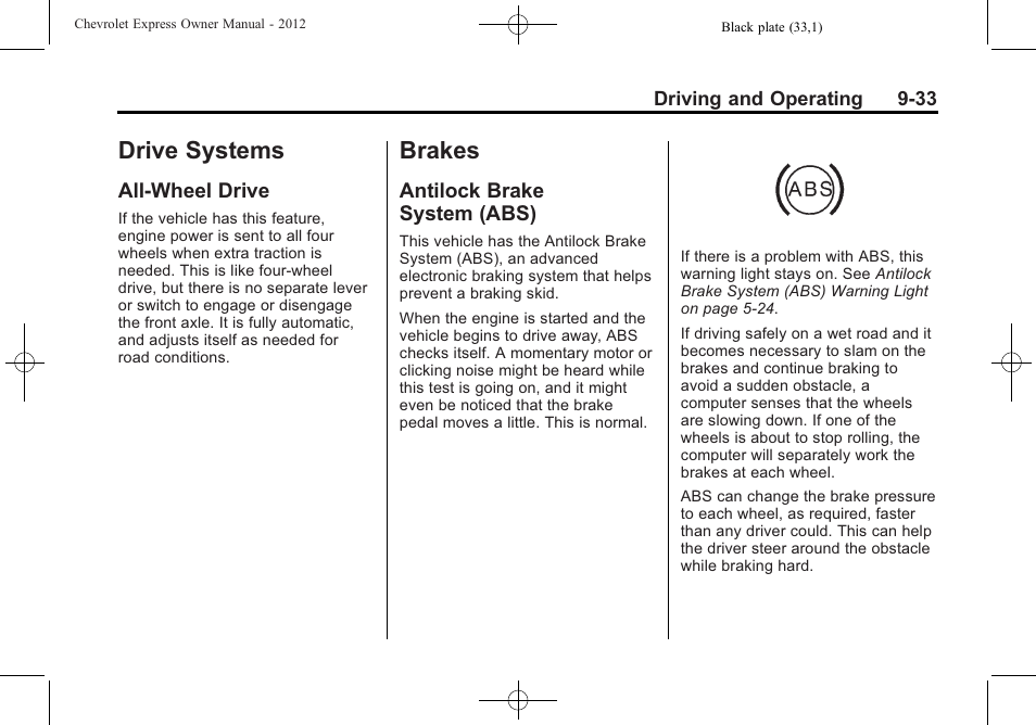 Drive systems, All-wheel drive, Brakes | Antilock brake system (abs), Drive systems -33 brakes -33, Jump, All-wheel drive -33, Antilock brake, System (abs) -33 | CHEVROLET 2012 Express User Manual | Page 239 / 430