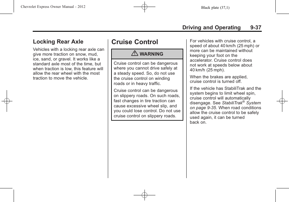 Locking rear axle, Cruise control, Cruise control -37 | Locking rear axle -37 | CHEVROLET 2012 Express User Manual | Page 243 / 430