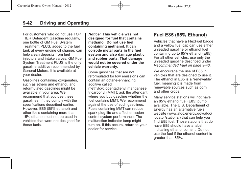 Fuel e85 (85% ethanol), Fuel e85 (85% ethanol) -42 | CHEVROLET 2012 Express User Manual | Page 248 / 430