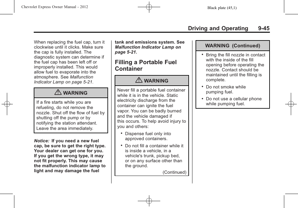 Filling a portable fuel container, Filling a portable fuel, Container -45 | Driving and operating 9-45 | CHEVROLET 2012 Express User Manual | Page 251 / 430